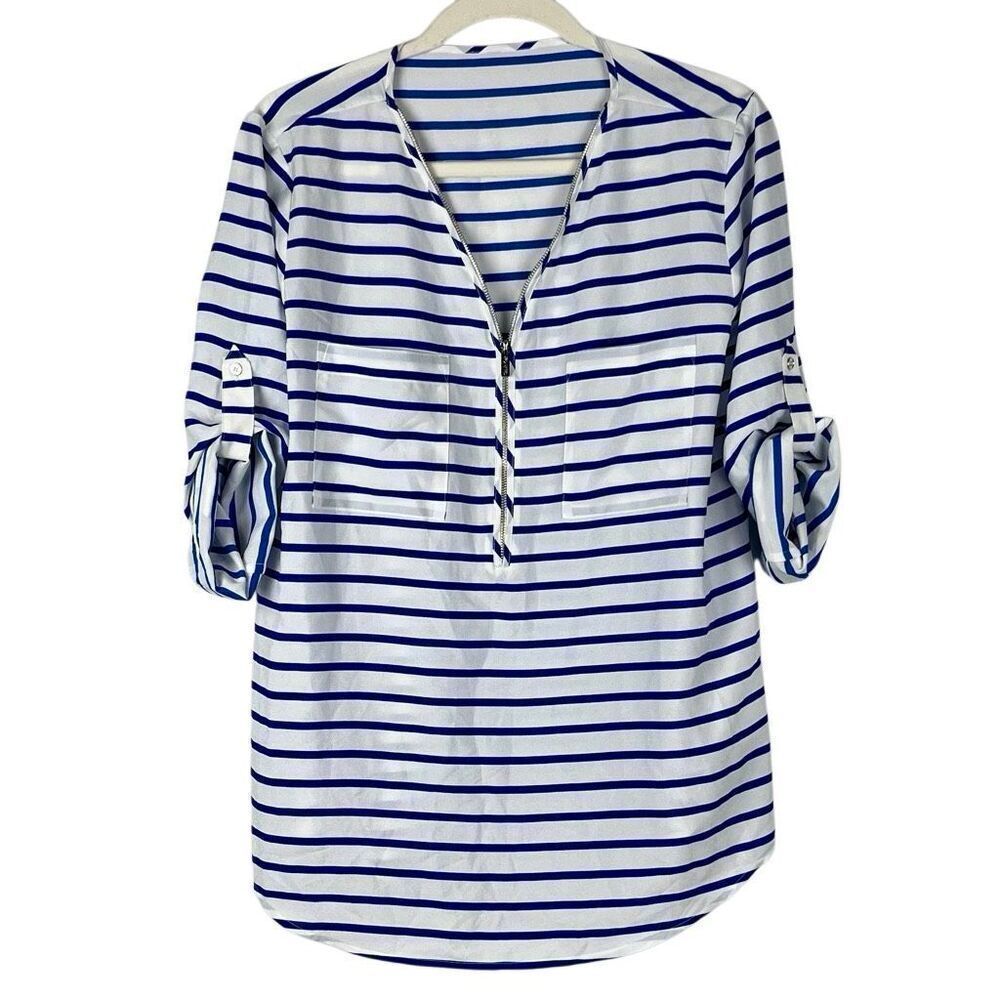 Calvin Klein White Blue Striped Front Zip Blouse
